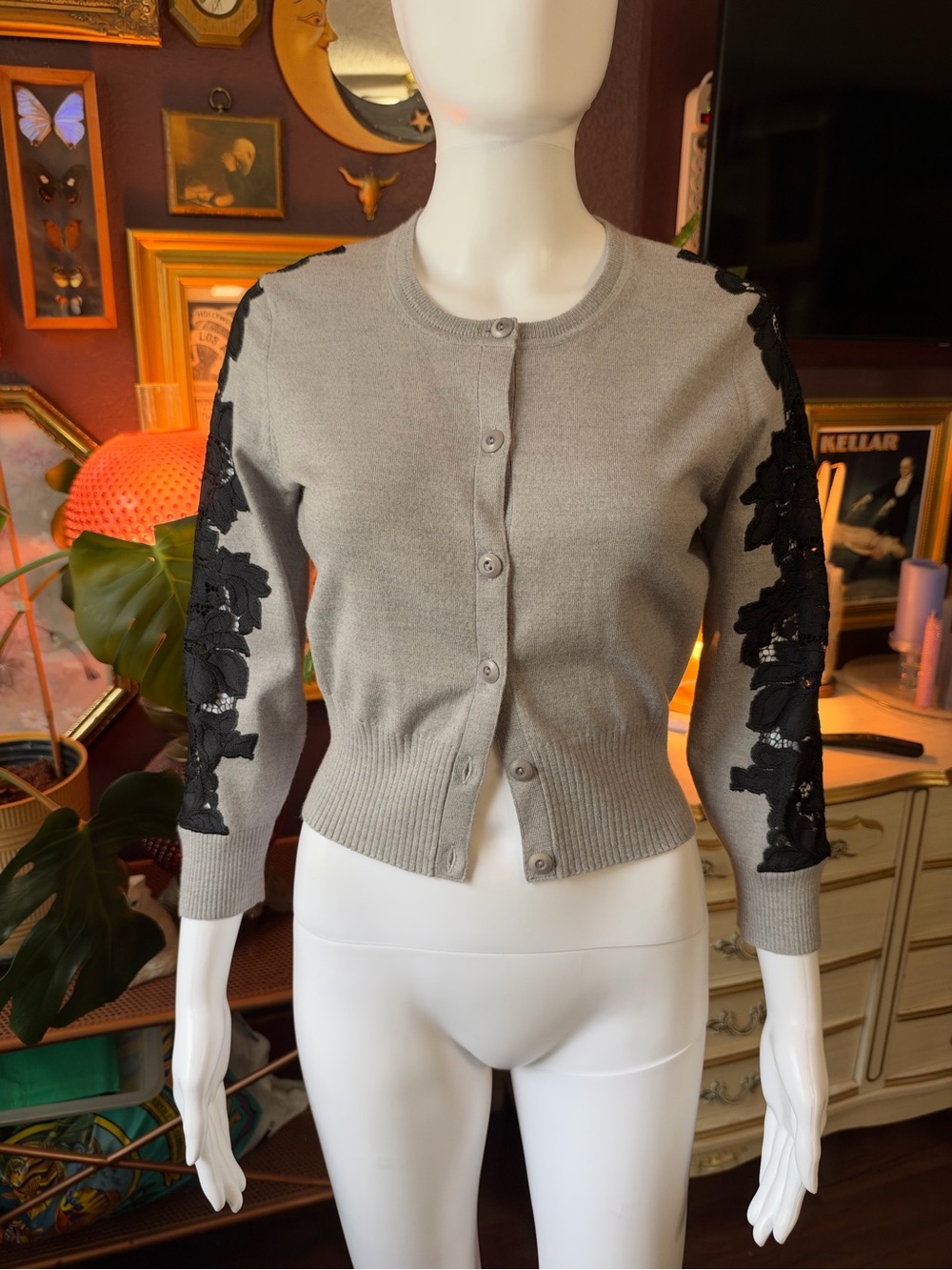 DVF Doris Wool Cashmere Blend Gray Lace Cardigan Small